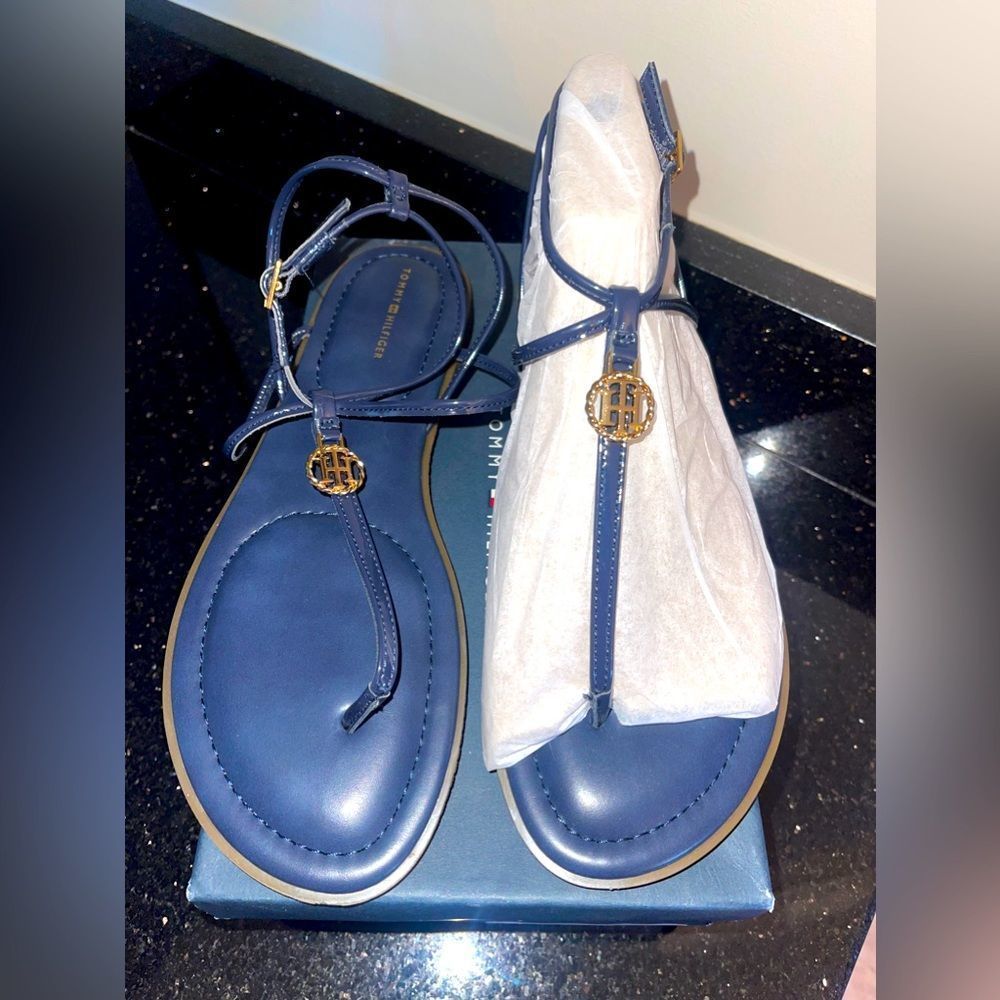 Tommy Hilfiger Navy Blue Logo T-Strap Leather Sandals
